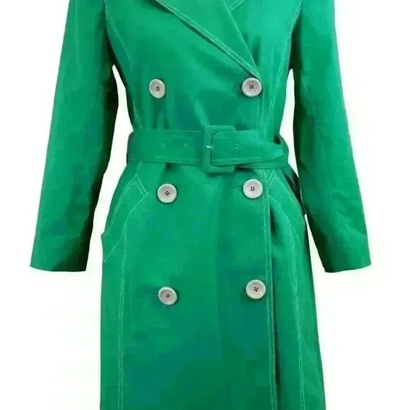 LK Bennett Bright Green Double Breasted Trench Coat Lined w/Navy Dots Size 4 - Picture 6 of 8